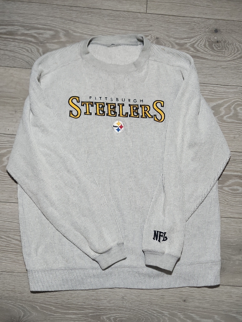 Vintage Pittsburgh Steelers Corduroy Ribbed Embroidered Sweatshirt Sleeve Logo L